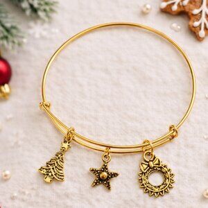 Gold Christmas Charm Bangle Bracelet Tree Star Wreath